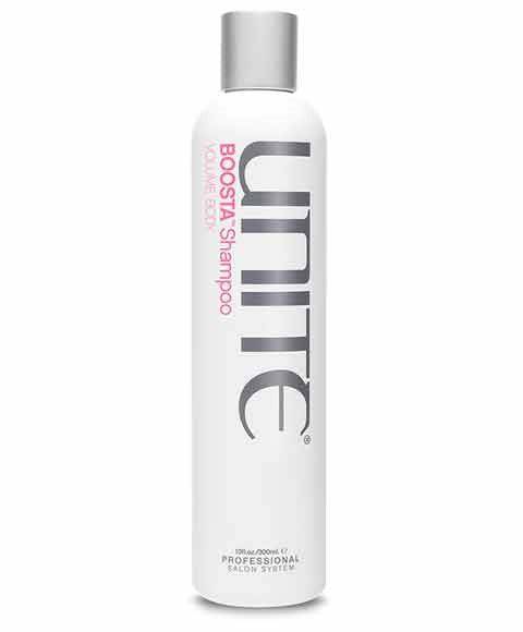 Unite Hair Boosta Daily Volume Shampoo bottle with label, showcasing its packaging and design for volumizing hair care.