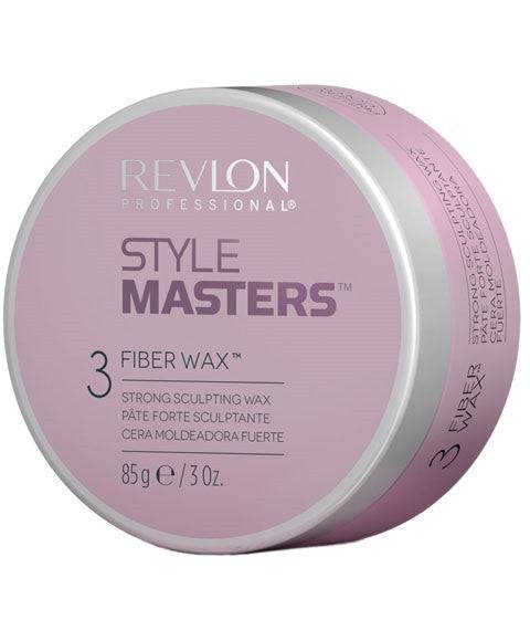 Revlon Style Masters 3 Fiber Wax for hair styling, showing a jar of hair wax with a black lid and product label visible.