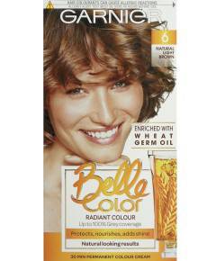 Garnier Belle Color Creme permanent hair dye in 6 Natural Light Brown, showing the hair color application and packaging.