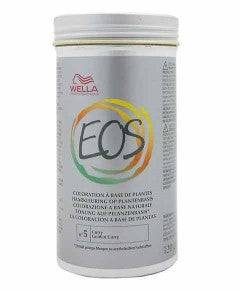 Wella EOS Coloration plant-based powder for hair coloring and bleaching in a white container with a blue lid.