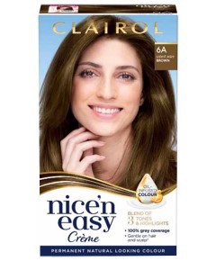 Clairol Nice N Easy permanent hair color in 6A Natural Light Ash Brown, showing the box with color swatch and product details.