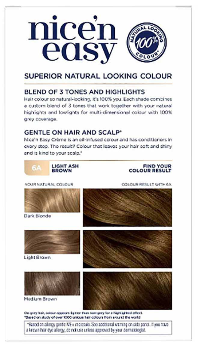 Clairol Nice N Easy permanent hair color in 6A Natural Light Ash Brown, showing the hair dye box with shade details.