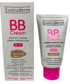 Evoluderm Perfect 6 in 1 BB Cream for face makeup, showcasing smooth, blended skin with even tone and natural finish.