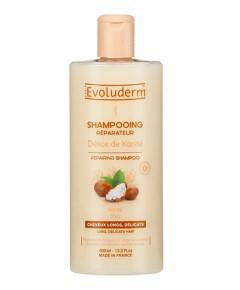 Evoluderm Repairing Shea Shampoo bottle with label, featuring a white and green design, on a plain background.