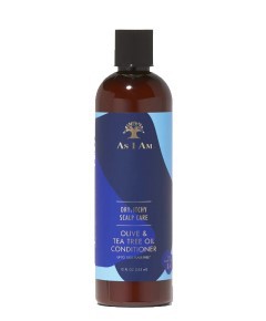 As I Am dry and itchy scalp care conditioner with olive and tea tree oil, shown in a bottle with natural ingredients.