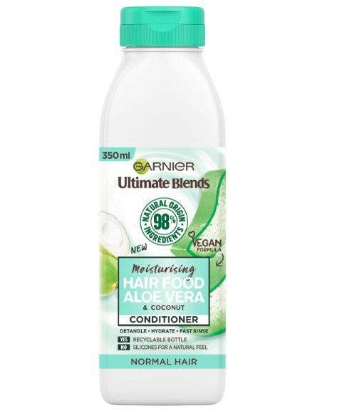 Garnier Ultimate Blends Aloe Vera Hair Food Quenching Conditioner bottle with the product label and aloe vera illustration