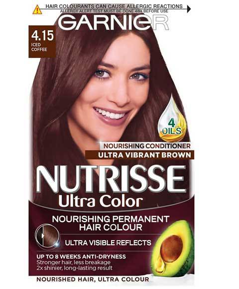 Garnier Nutrisse Ultra Color permanent hair dye in Iced Coffee shade, showing a box with hair color product and packaging.