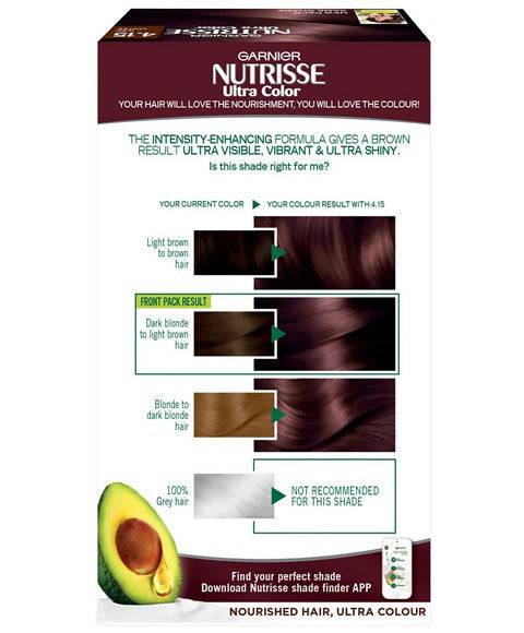 Garnier Nutrisse Ultra Color permanent hair dye in Iced Coffee shade, nourishing hair color and bleach for rich, natural-looking results