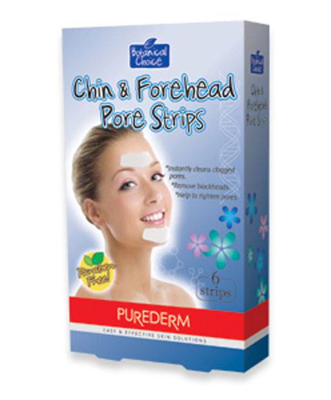 Amirose Purederm skin soothing chin and forehead pore strips applied to clear skin, targeting blackheads and impurities.