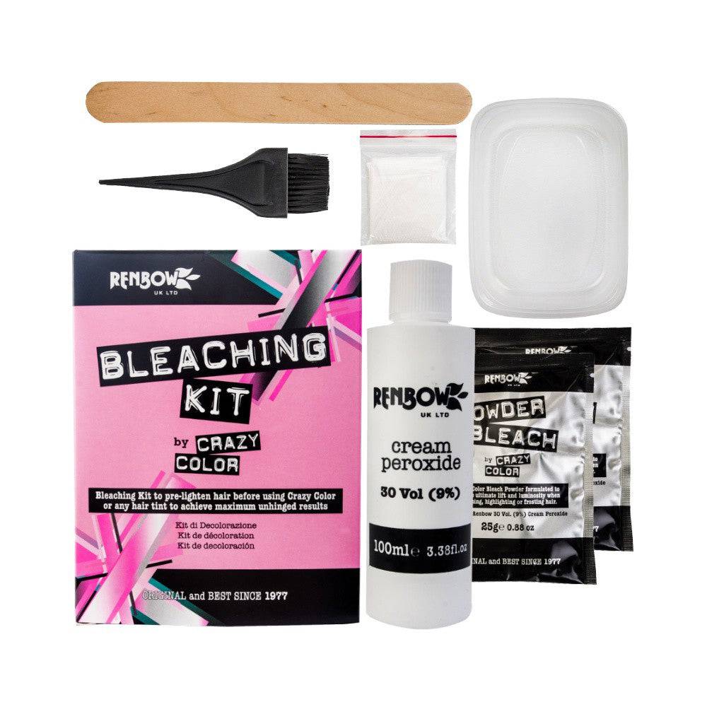 Renbow Crazy Color Bleaching Kit with hair bleach and color products, featuring tools and packaging for vibrant hair coloring.