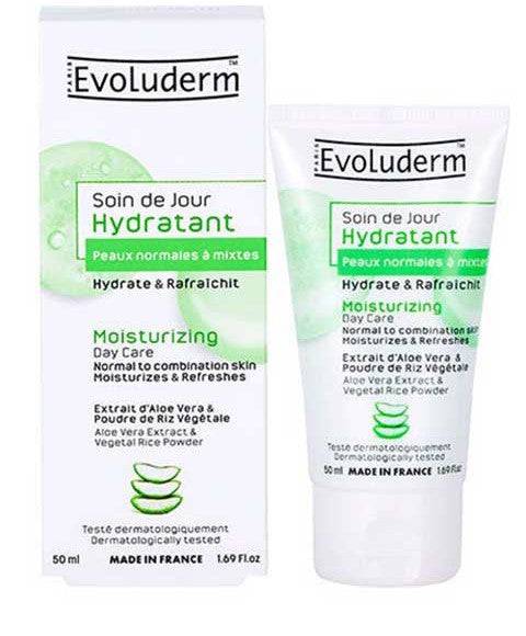 Evoluderm moisturizing day cream with aloe vera extract in a white jar, showcasing its smooth, hydrating formula for healthy skin.