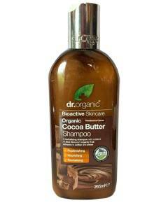 Dr Organic Bioactive Haircare Organic Cocoa Butter Shampoo bottle with label, showcasing natural ingredients and nourishing formula.