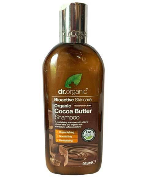 Dr Organic Bioactive Haircare Organic Cocoa Butter Shampoo bottle with label, showing a nourishing shampoo for healthy hair.