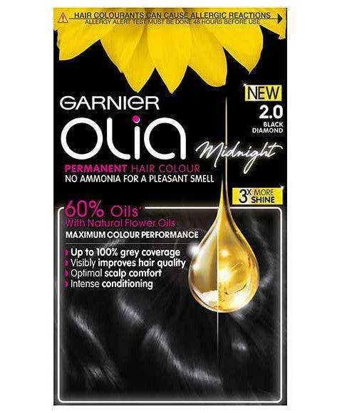 Garnier Olia Midnight Permanent Hair Color 2.0 Black Diamond in a hair dye bottle, showcasing the deep black shade.