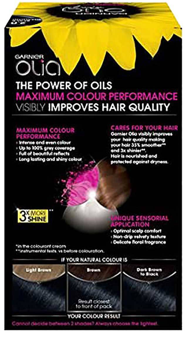 Garnier Olia Midnight Permanent Hair Color in 2.0 Black Diamond, showing a hair color tube and the product packaging.