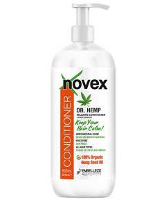 Novex Doctor Hemp Relaxing Conditioner bottle, creamy hair conditioner in a white and green container with hemp imagery.