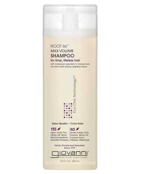 Giovanni Root 66 Max Volume Shampoo bottle with label, showcasing its packaging designed to add volume to hair.