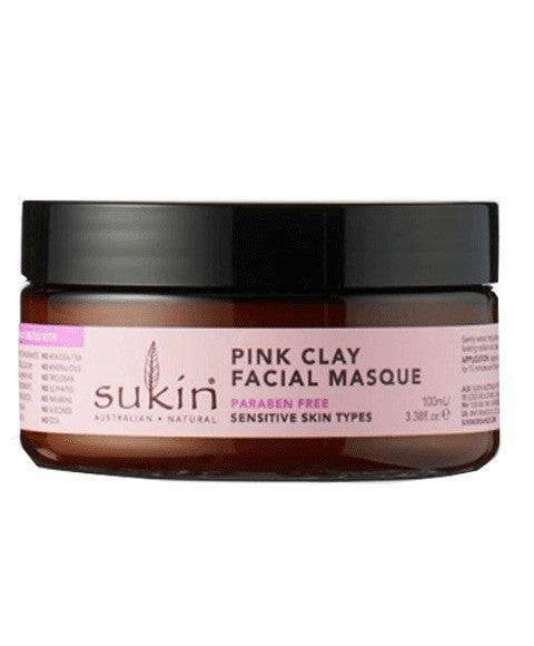 Sukin Australian Natural Skincare Sensitive Pink Clay Facial Masque in a jar, showcasing its creamy pink texture.