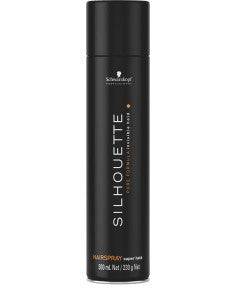 Schwarzkopf Silhouette Super Hold Hairspray bottle for hair styling with a sleek, professional design.