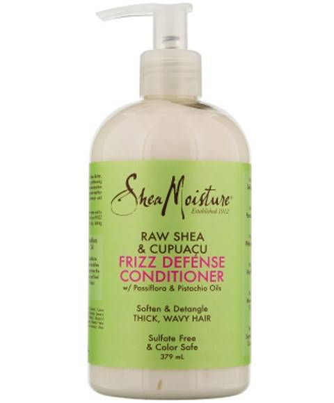 Shea Moisture Raw Shea and Cupacu Frizz Defense Conditioner bottle with pump for smooth, frizz-free hair care.