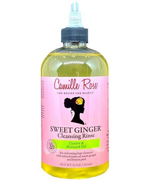 Camille Rose Naturals natural sweet ginger cleansing rinse with castor and aniseed oil for hair treatment, in a clear bottle.
