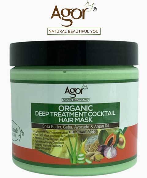 Agor Organic Deep Treatment Cocktail 4-in-1 hair mask in a jar, showing creamy texture and natural ingredients for nourishing hair.