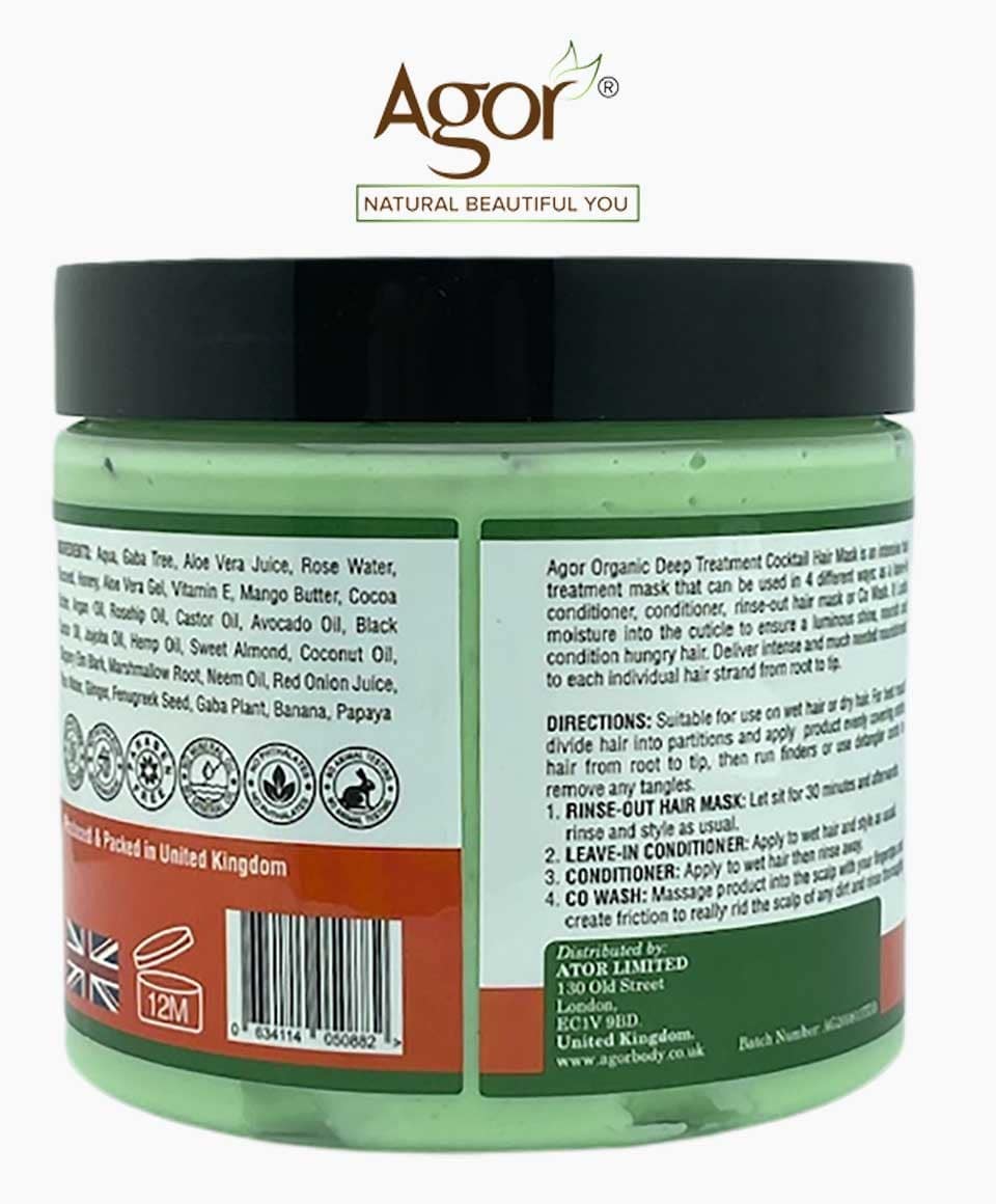 Agor Organic Deep Treatment Cocktail 4-in-1 hair mask showing creamy texture in a jar, perfect for nourishing and revitalizing hair.