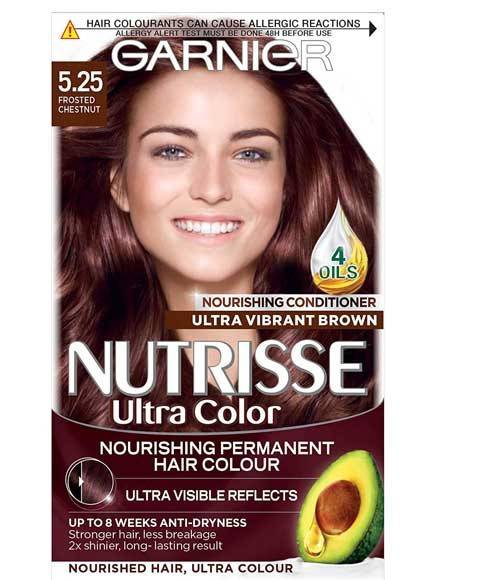 Garnier Nutrisse Ultra Permanent Nourishing Hair Colour 5.25 Frosted Chestnut, showcasing the boxed hair dye with color swatch.
