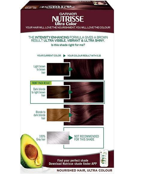 Garnier Nutrisse Ultra Permanent Hair Colour 5.25 Frosted Chestnut in a box with hair color tubes and applicator brushes.