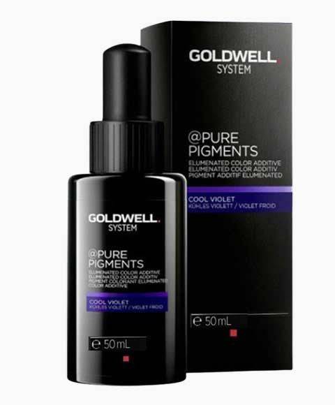 Goldwell Pure Pigments Cool Violet hair treatment additive in a small jar with purple pigment visible.