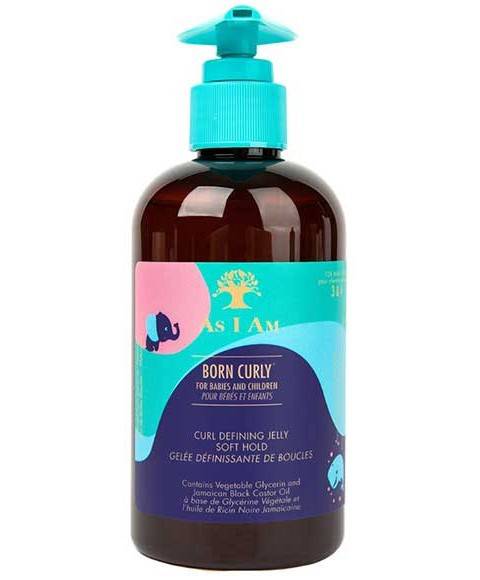 As I Am Born Curly Curl Defining Jelly with soft hold, shown in a jar with curly hair styling product