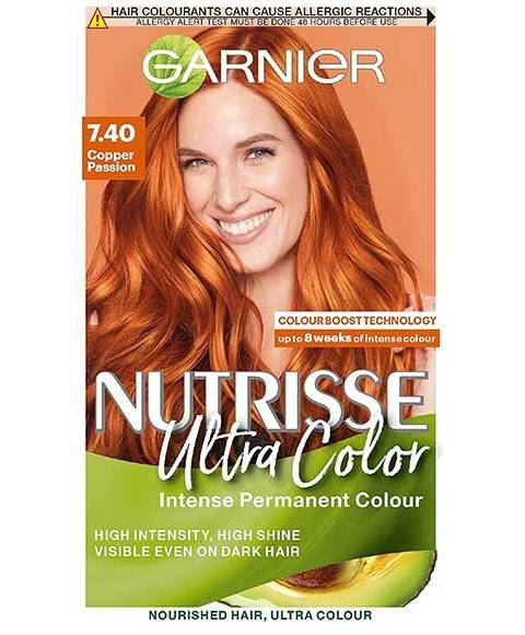 Garnier Nutrisse Ultra Color 7.40 Copper Passion permanent hair color tube with copper-toned hair dye on a white background