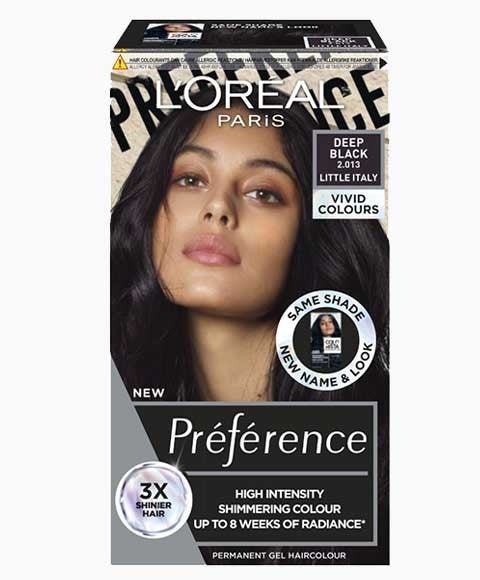 Loreal Preference High Intensity Permanent Gel Hair Colour in Deep Black, showcasing the hair dye tube and product packaging.