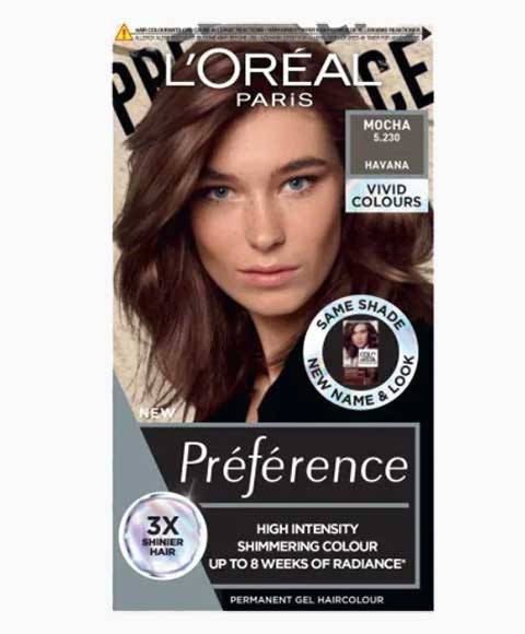 Loreal Preference High Intensity Permanent Gel Hair Colour in Mocha, showing the rich, glossy dark brown shade in a tube.