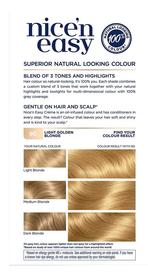Clairol Nice N Easy Creme Permanent Hair Color in 9G Light Golden Blonde, showing a vibrant blonde hair shade.