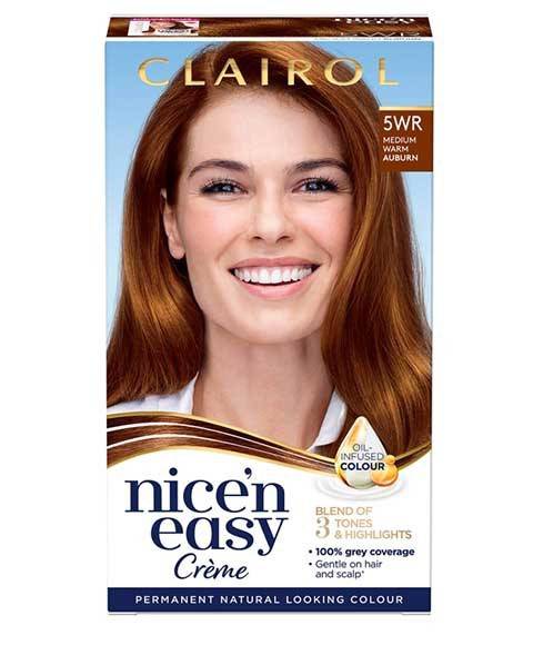Clairol Nice N Easy Creme Permanent Colour 5WR Medium Warm Auburn hair dye in a tube with color swatch.
