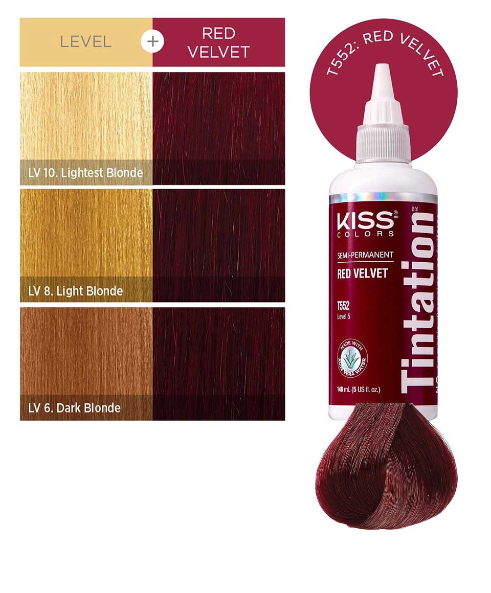 Kiss Colors Tintation Semi-Permanent Red Velvet hair dye applied to hair, showcasing vibrant red color by Kiss Products.