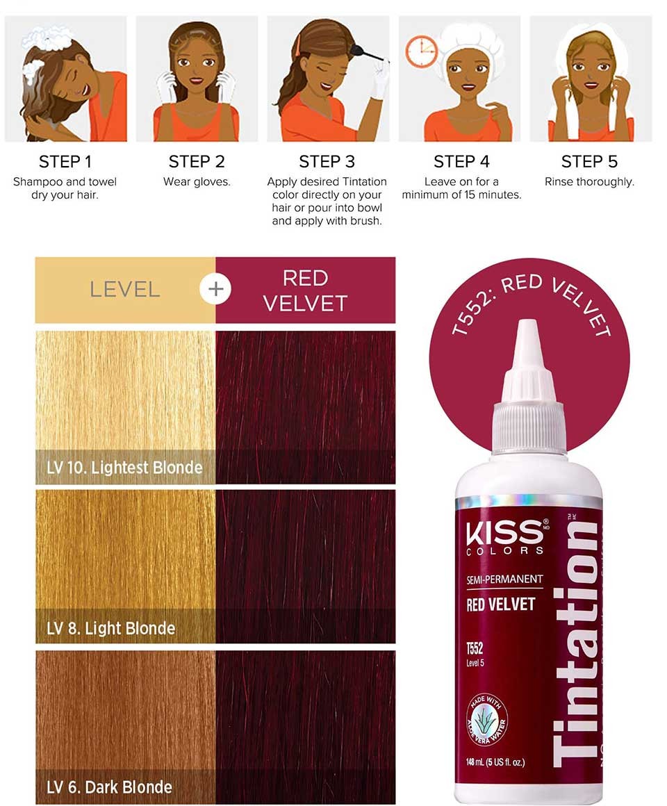 Kiss Colors Tintation Red Velvet semi-permanent hair dye in a tube, vibrant red shade for hair coloring.