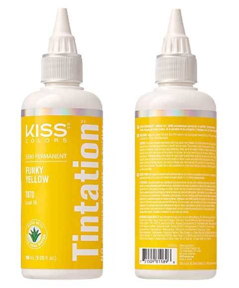 Kiss Colors Tintation Semi Permanent Funky Yellow hair dye in tube, vibrant yellow hair color and bleach product from Kiss Products.