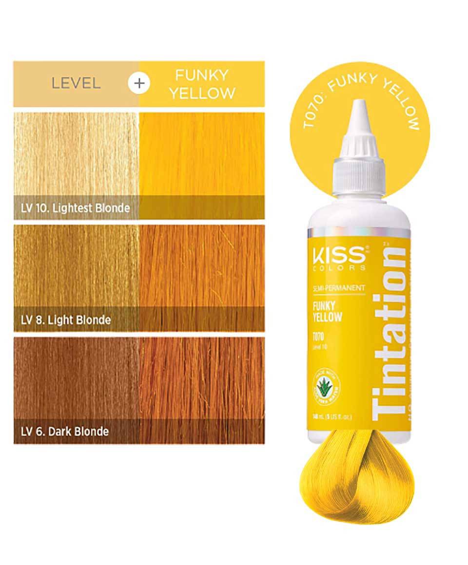 Kiss Colors Tintation Funky Yellow semi-permanent hair color in a vibrant tube, designed for bold hair color transformations.