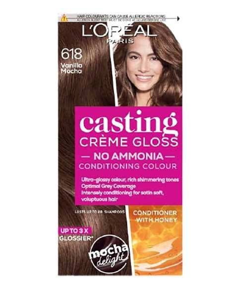 Loreal Casting Creme Gloss 618 Vanilla Mocha hair color bottle with creamy conditioning formula for vibrant brown shade.