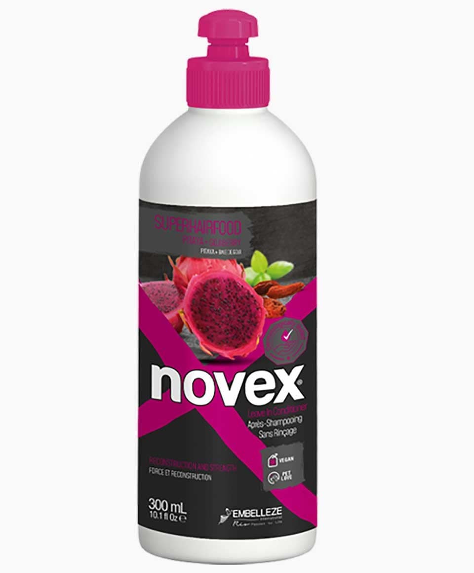Novex Super Hair Food Pitaya Plus Goji Berry Leave-In Conditioner bottle showing vibrant packaging and product details.