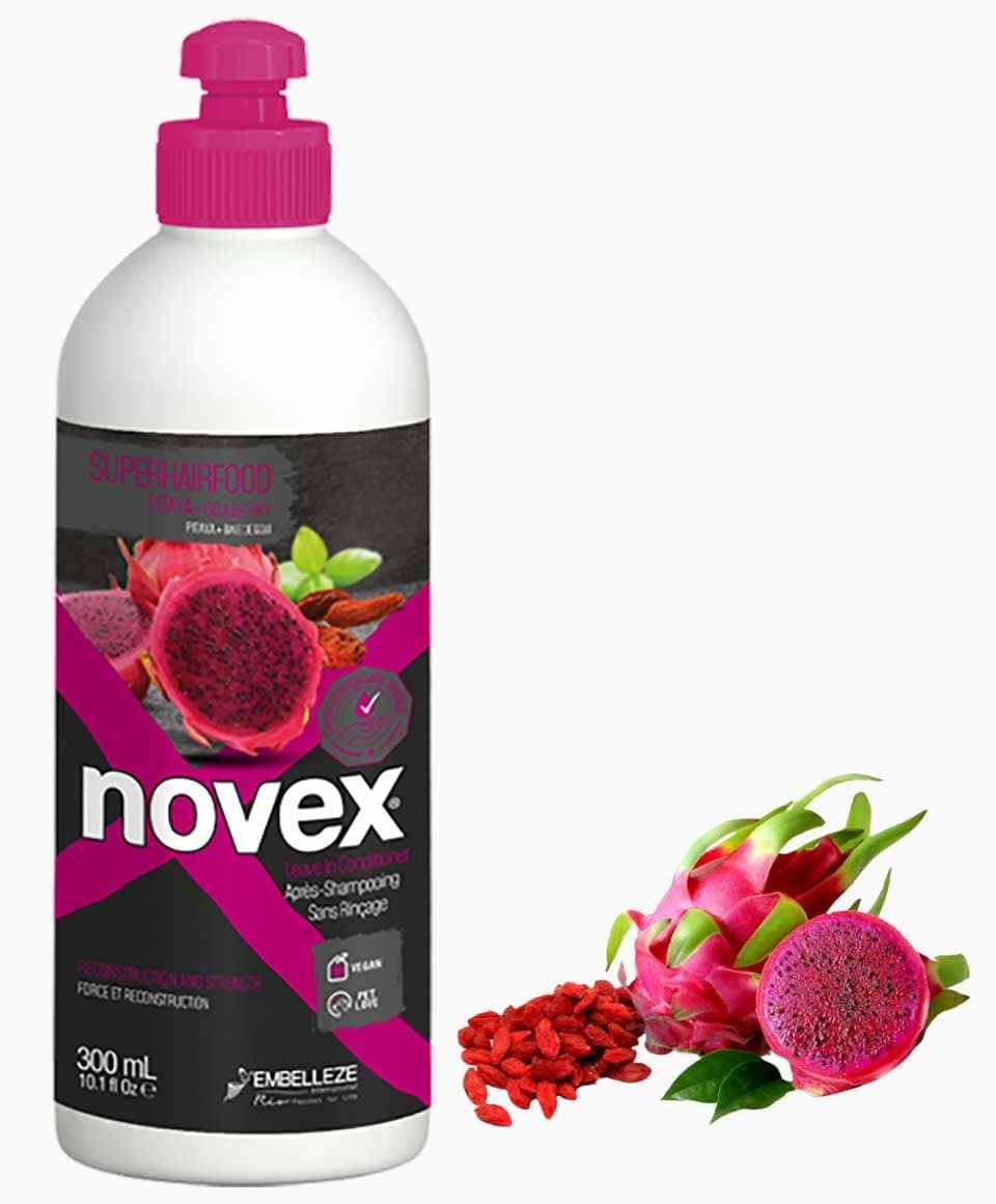 Novex Super Hair Food Pitaya Plus Goji Berry Leave-In Conditioner bottle with colorful label on a white background.