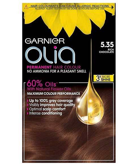 Garnier Olia permanent hair color in shade 5.35 Rich Chocolate, showing the vibrant dark brown hair dye bottle.