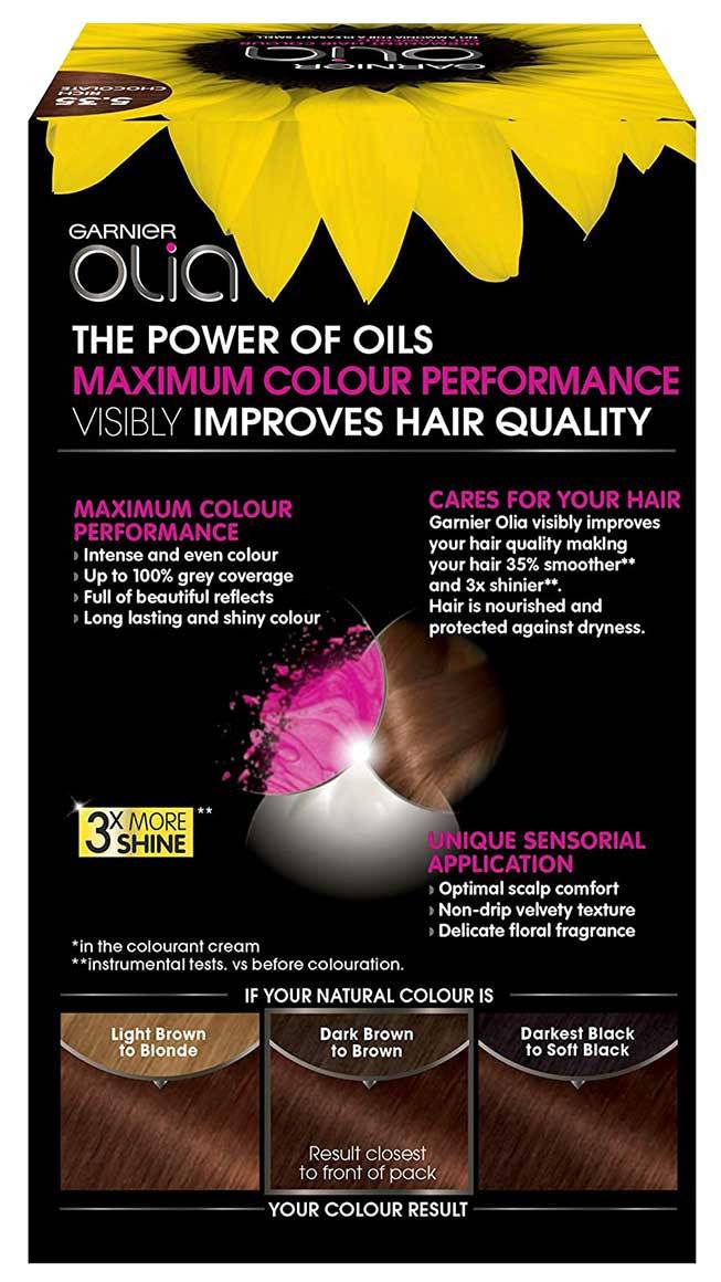 Garnier Olia permanent hair color in 5.35 Rich Chocolate, showcasing a vibrant, rich chocolate brown hair shade.