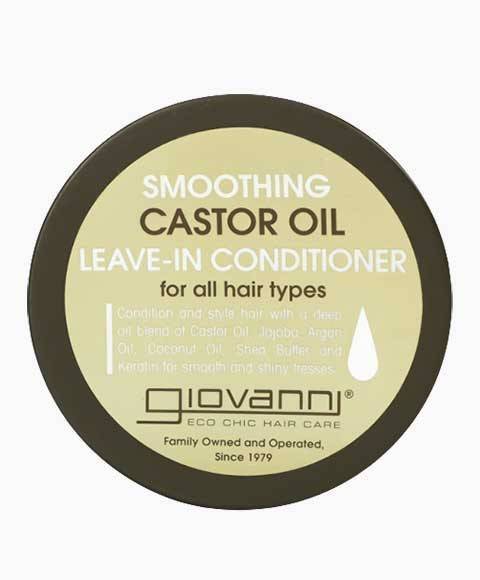 Giovanni Smoothing Castor Oil Leave-In Conditioner bottle showing the product label and pump dispenser.