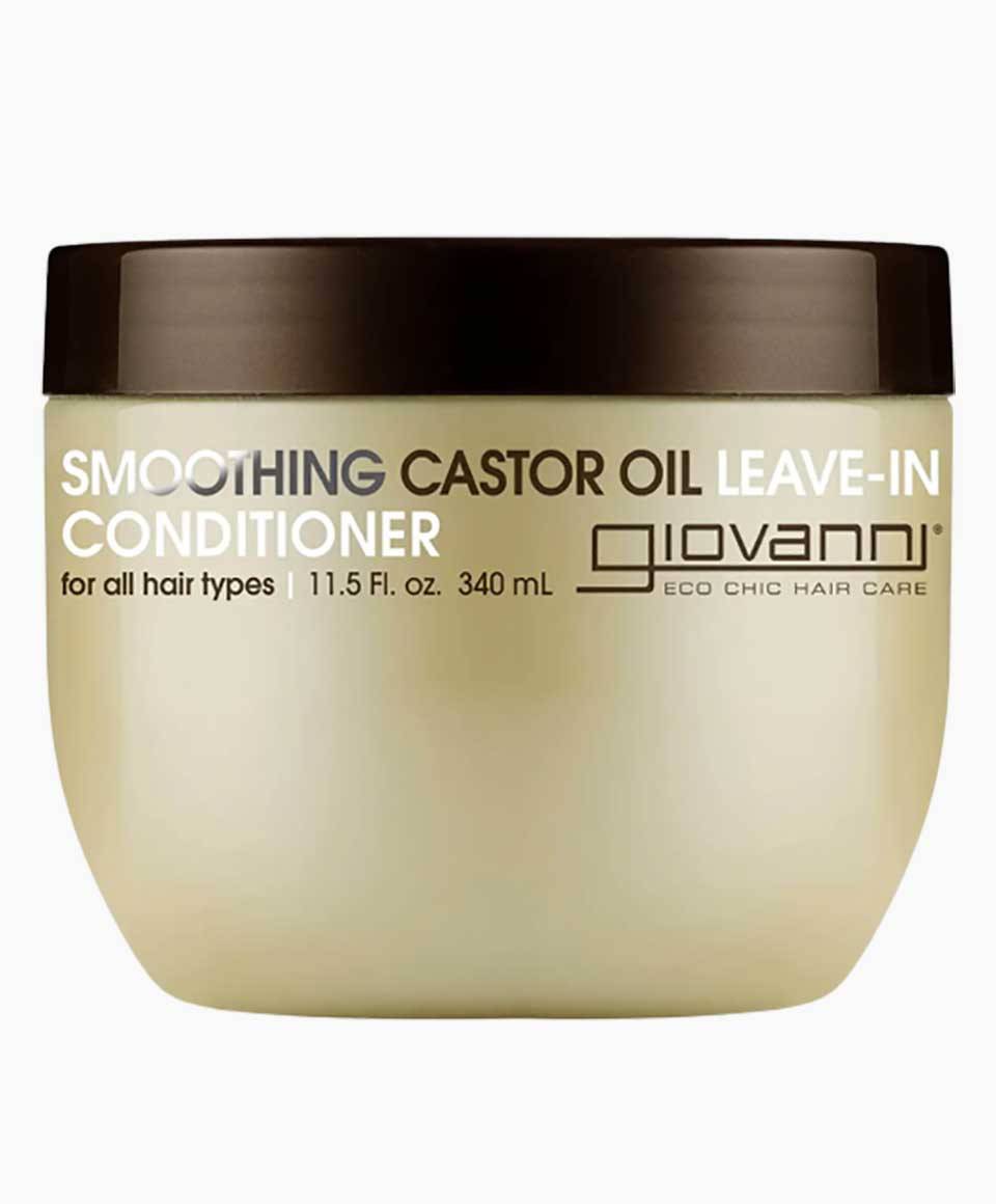 Giovanni smoothing castor oil leave-in conditioner bottle with pump, designed for nourishing and softening hair.