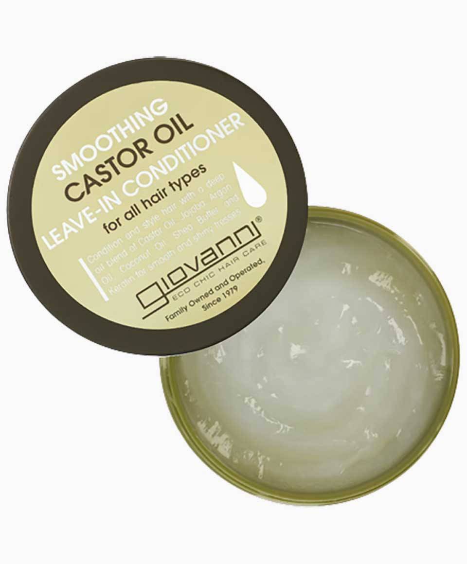 Giovanni Smoothing Castor Oil Leave-In Conditioner bottle with pump for silky, hydrated hair care.