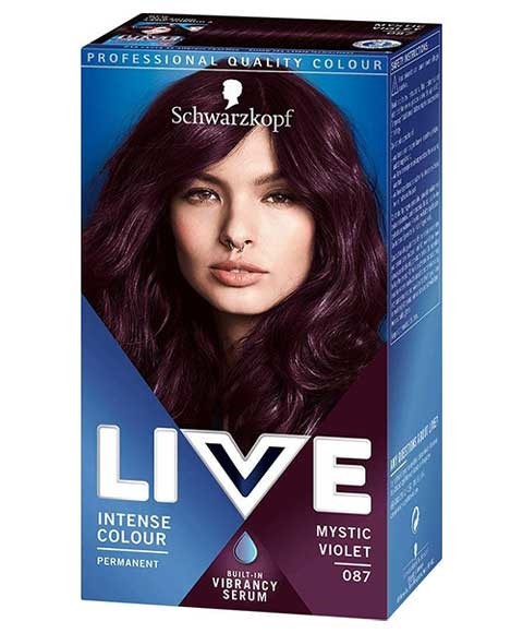 Schwarzkopf Live Color Intense Permanent Hair Dye in 87 Mystic Violet, showing vibrant purple hair color in a close-up shot.