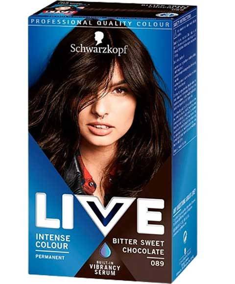 Schwarzkopf Live Color Intense Permanent Hair Colour 89 Bitter Sweet Chocolate, showcasing rich brown hair in a vibrant shade.